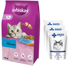 Hrană uscată pentru pisici WHISKAS 1+ cu ton 14kg +ENZO VET Renal cu jeleu de vită pentru pisici 3x100g